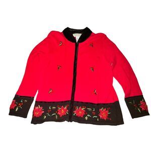Tiara International Cardigan Womens L Red Black Full Zip Beaded Holly Poinsettia